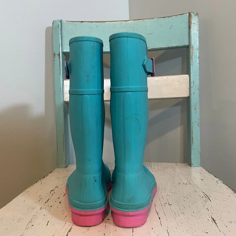 Kamik Raindrops Kids Turquoise Pink Waterproof‎ Rubber Rain Boots Size 4 Wellies
